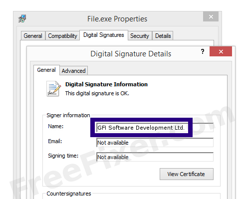 Screenshot of the GFI Software Development Ltd. certificate